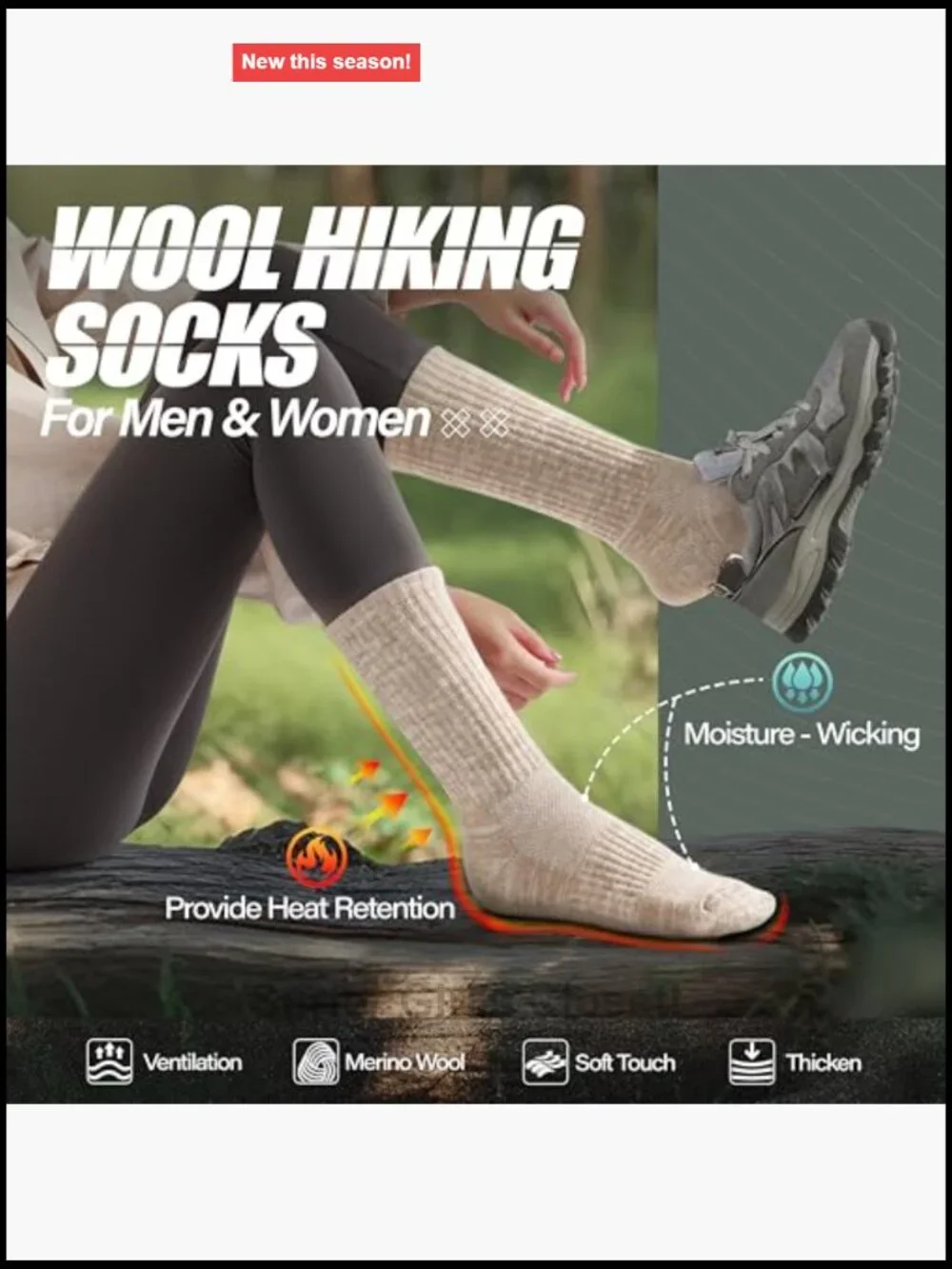 Unisex Merino Wool Hiking Socks 5 Pairs Thermal Thick Cushion Crew